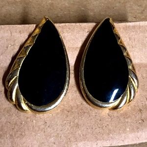 Black and Gold Teardrop Earrings, posts with backs, Vintage